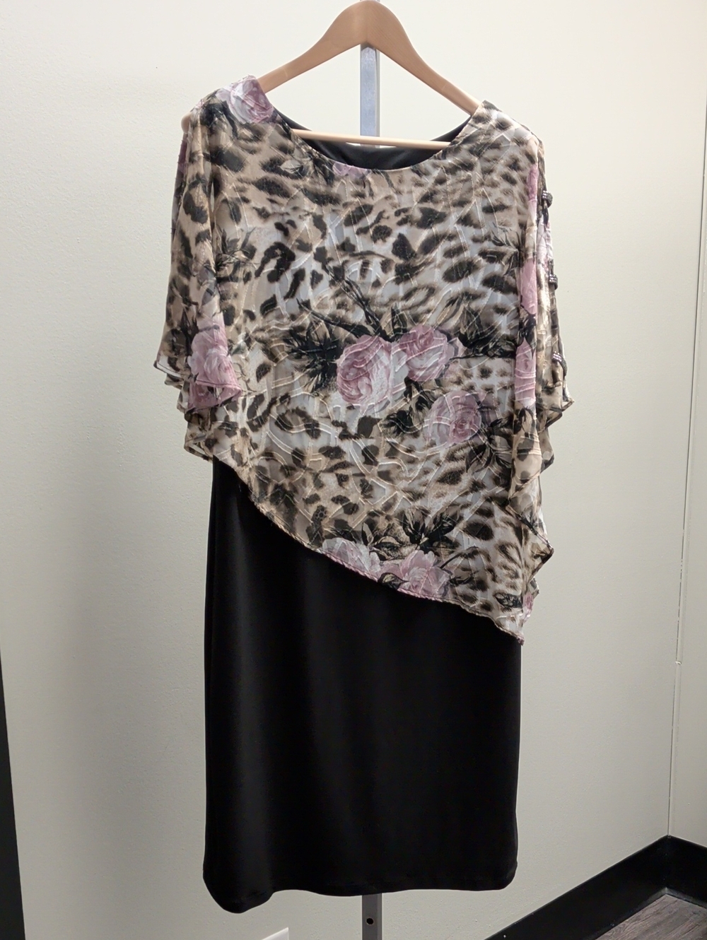 Frank Lyman Design Black Dress with Pink Floral & Leopard Chiffon Overlay